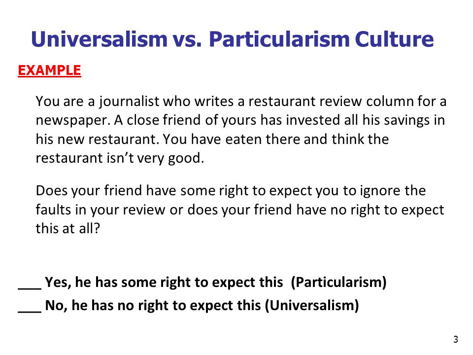 VI. Universalism versus particularism